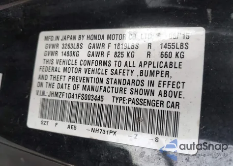 2015 Honda Cr-Z z USA, uszkodzony, nr VIN JHMZF1D41FS003445